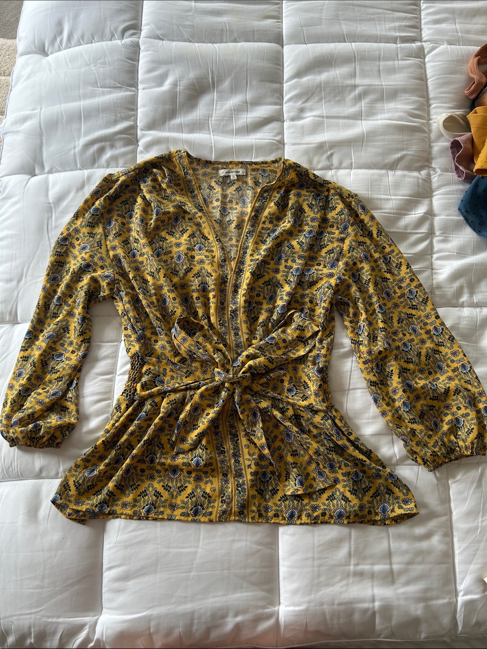 Max Studio Mustard Floral Tie-Front Tunic